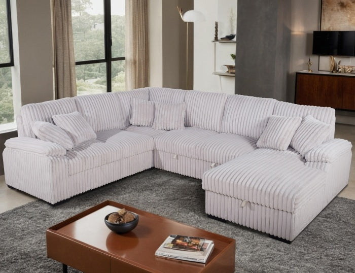 8226-4PC 4 pc Venice beige corduroy fabric sectional sofa set pull out sleep area and storage chaise