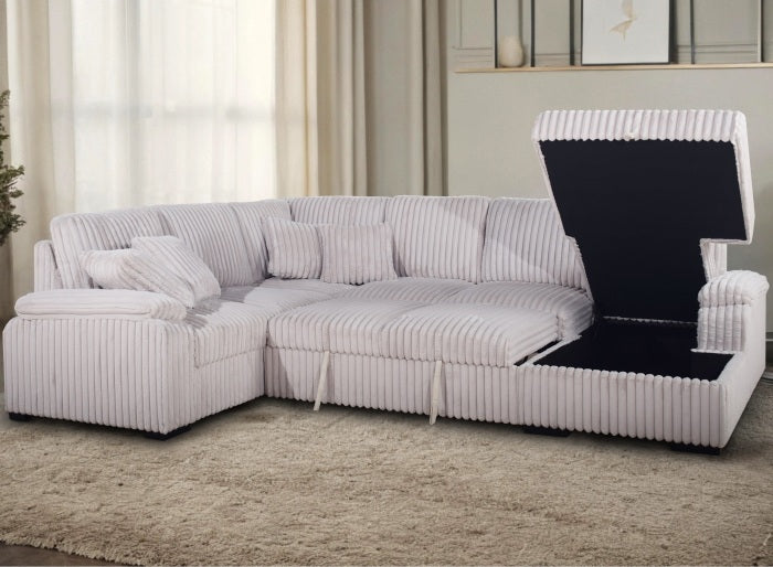 8226-4PC 4 pc Venice beige corduroy fabric sectional sofa set pull out sleep area and storage chaise