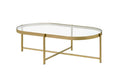 Acme 82305 Foundry select Charrot gold metal frame clear oval glass top coffee table