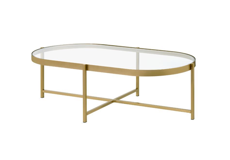 Acme 82305 Foundry select Charrot gold metal frame clear oval glass top coffee table
