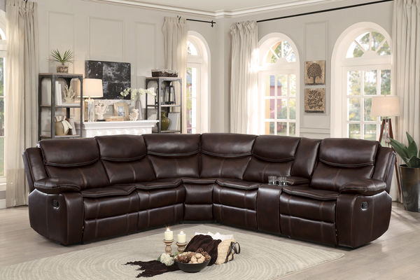 Homelegance 8230BRW-3pc 3 pc Bastrop brown leather gel match sectional sofa with recliners and console table