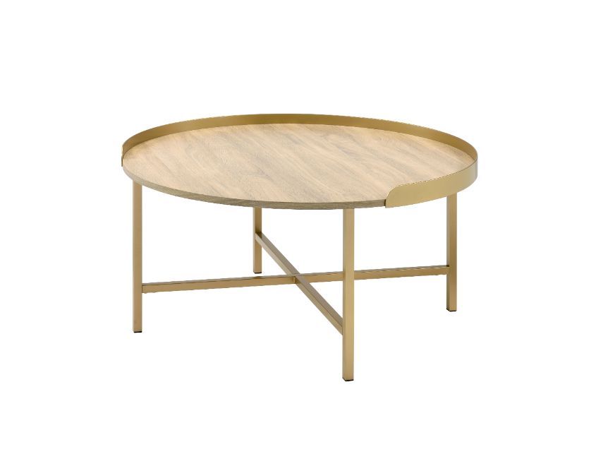 Acme 82335 Everly quinn aksil Mithea gold metal frame oak finish round top coffee table