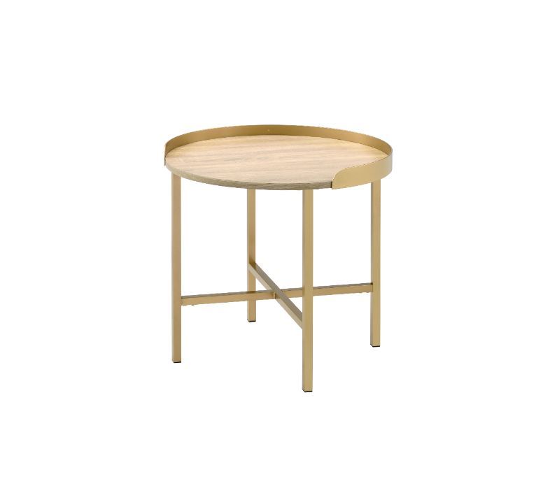 Acme 82337 Everly quinn aksil Mithea gold metal frame oak finish round top end table