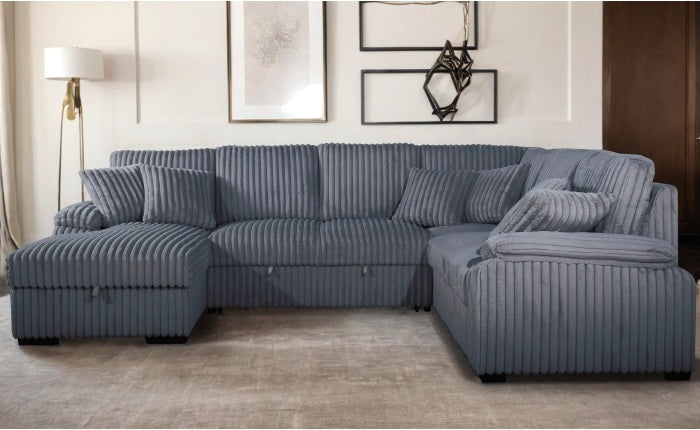 8234-4PC 4 pc Venice dark grey corduroy fabric sectional sofa set pull out sleep area and storage chaise