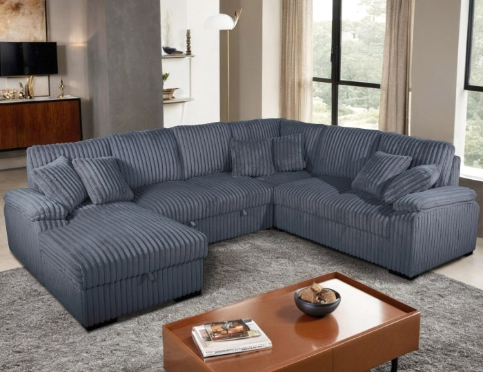 8234-4PC 4 pc Venice dark grey corduroy fabric sectional sofa set pull out sleep area and storage chaise