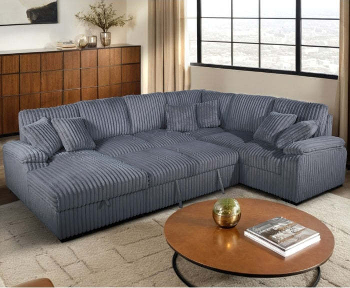 8234-4PC 4 pc Venice dark grey corduroy fabric sectional sofa set pull out sleep area and storage chaise