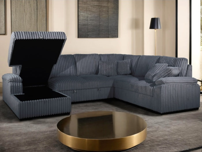 8234-4PC 4 pc Venice dark grey corduroy fabric sectional sofa set pull out sleep area and storage chaise