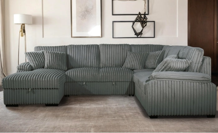 Venice 4-Piece Light Grey Corduroy Sectional Sofa with Pull-Out Sleeper & Storage Chaise - 8235-4PC