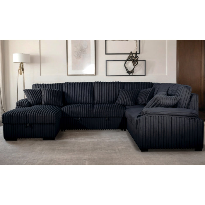 Venice 4-Piece Black Corduroy Sectional Sofa with Pull-Out Sleeper & Storage Chaise - 8236-4PC