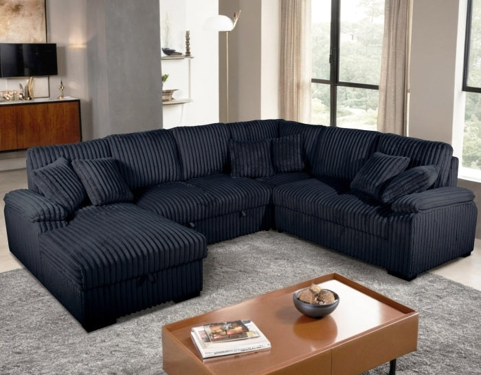 Venice 4-Piece Black Corduroy Sectional Sofa with Pull-Out Sleeper & Storage Chaise - 8236-4PC