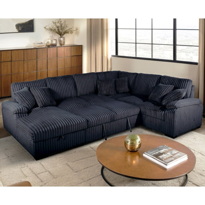 Venice 4-Piece Black Corduroy Sectional Sofa with Pull-Out Sleeper & Storage Chaise - 8236-4PC