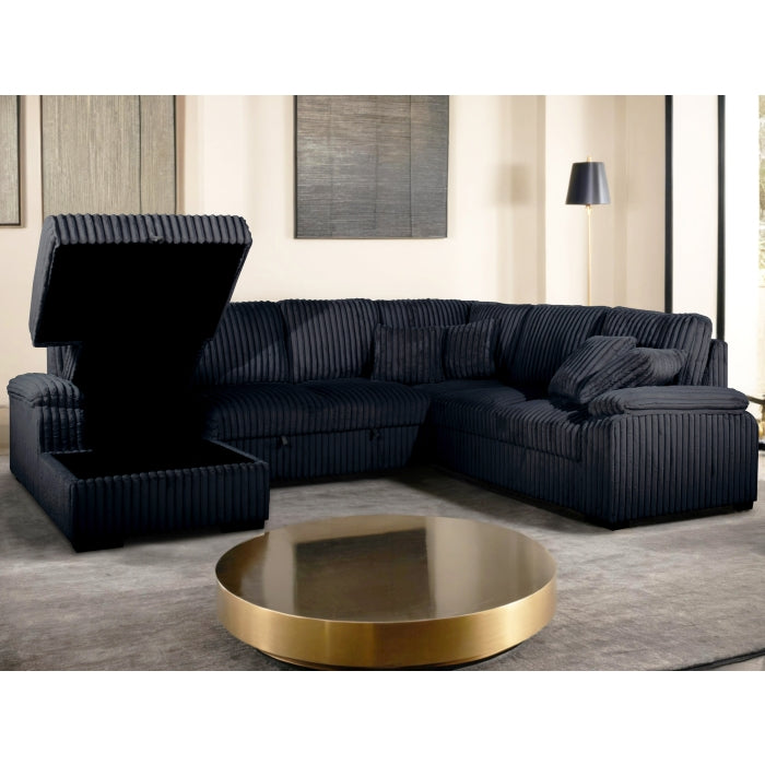 Venice 4-Piece Black Corduroy Sectional Sofa with Pull-Out Sleeper & Storage Chaise - 8236-4PC