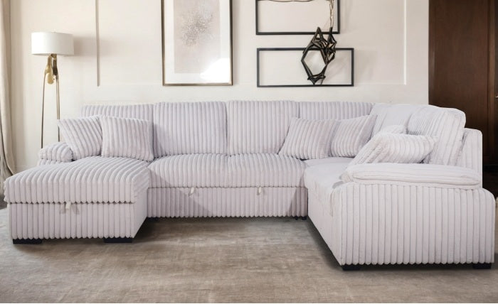 8238-4PC 4 pc Venice beige corduroy fabric sectional sofa set pull out sleep area and storage chaise