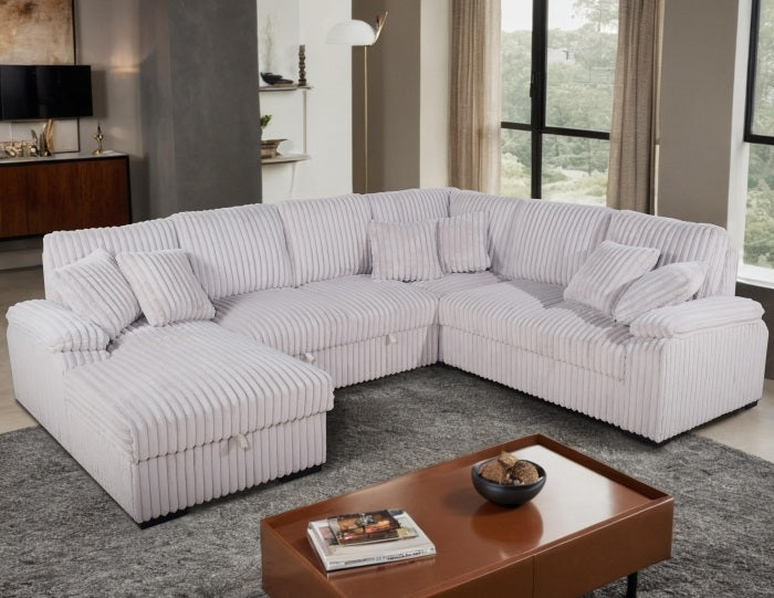 8238-4PC 4 pc Venice beige corduroy fabric sectional sofa set pull out sleep area and storage chaise