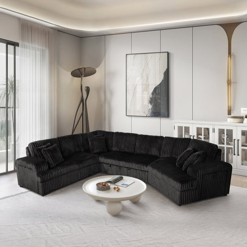 4-Piece Black Corduroy Sectional Sofa with Cuddler Chaise, Pop-Up Sleeper, USB Ports & Cup Holders - 8239