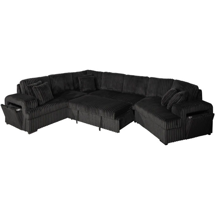 8239 4 pc black corduroy fabric sectional sofa with cuddler chaise and pop up center love seat chaise USB and cup holder