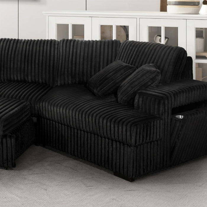 8239 4 pc black corduroy fabric sectional sofa with cuddler chaise and pop up center love seat chaise USB and cup holder