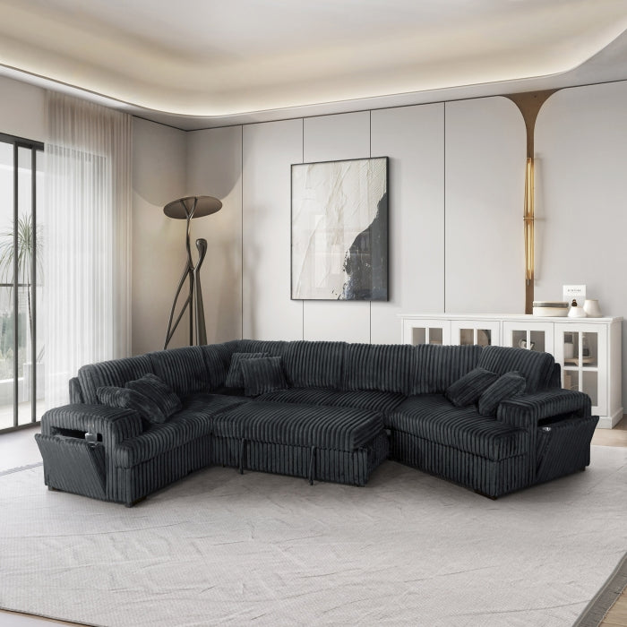 8240 4 pc dark grey corduroy fabric sectional sofa with cuddler chaise and pop up center love seat chaise USB and cup holder