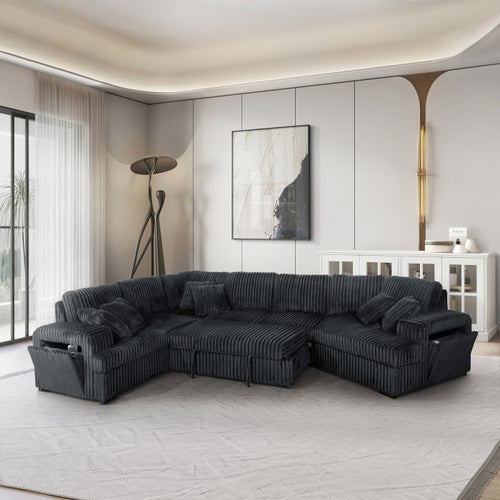 4-Piece Dark Grey Corduroy Sectional Sofa with Cuddler Chaise, Pop-Up Sleeper, USB Ports & Cup Holders - 8240