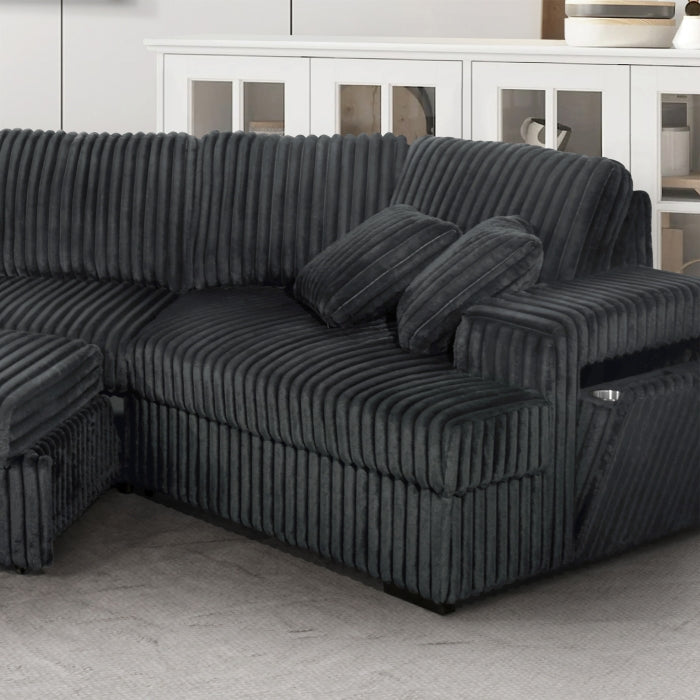 8240 4 pc dark grey corduroy fabric sectional sofa with cuddler chaise and pop up center love seat chaise USB and cup holder