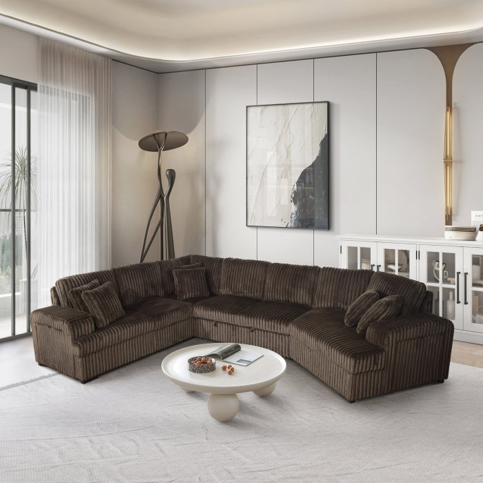 4-Piece Chocolate Corduroy Sectional Sofa with Cuddler Chaise, Pop-Up Sleeper, USB Ports & Cup Holders - 8241