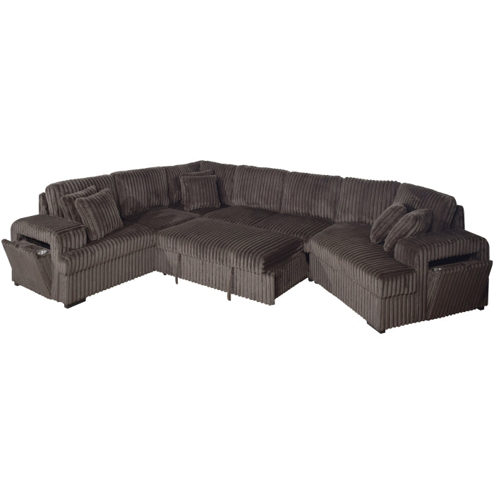 4-Piece Chocolate Corduroy Sectional Sofa with Cuddler Chaise, Pop-Up Sleeper, USB Ports & Cup Holders - 8241