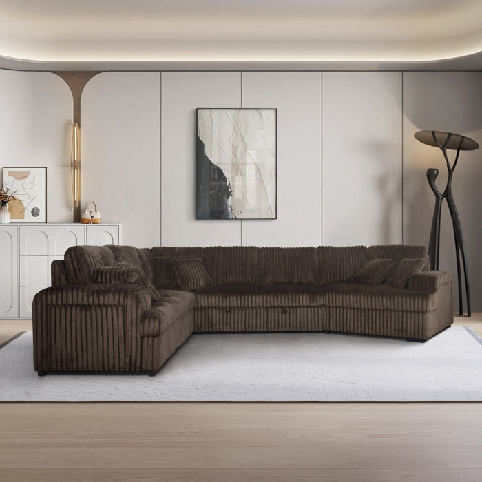4-Piece Chocolate Corduroy Sectional Sofa with Cuddler Chaise, Pop-Up Sleeper, USB Ports & Cup Holders - 8241