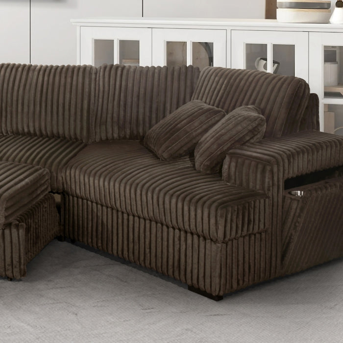 4-Piece Chocolate Corduroy Sectional Sofa with Cuddler Chaise, Pop-Up Sleeper, USB Ports & Cup Holders - 8241