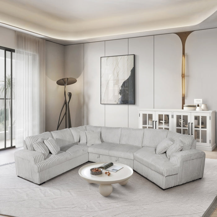 4-Piece Silver Corduroy Sectional Sofa with Cuddler Chaise, Pop-Up Sleeper, USB Ports & Cup Holders - 8242