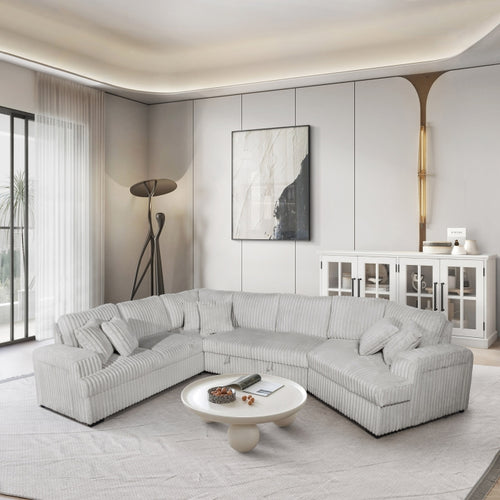 4-Piece Silver Corduroy Sectional Sofa with Cuddler Chaise, Pop-Up Sleeper, USB Ports & Cup Holders - 8242