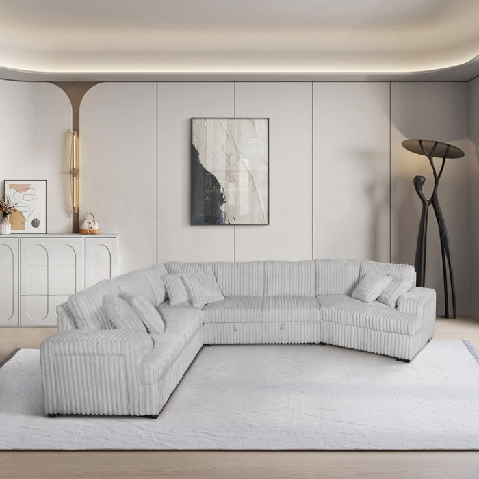 4-Piece Silver Corduroy Sectional Sofa with Cuddler Chaise, Pop-Up Sleeper, USB Ports & Cup Holders - 8242