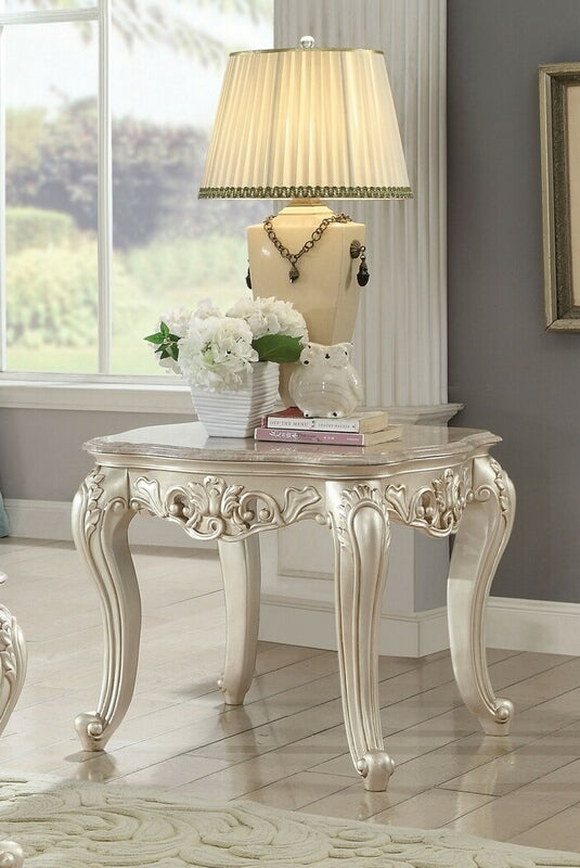 Acme 82442 Astoria grand jacqueline gorsedd antique white finish wood marble top chair side end table