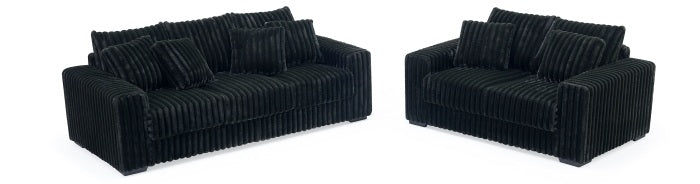 8271-2PC  BLACK Corduroy Stationary Sofa Set w/ USB, Pillows and magazine rack.
