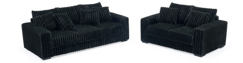 2-Piece Black Corduroy Stationary Sofa & Loveseat Set with USB Ports, Pillows & Magazine Rack - 8271-2PC