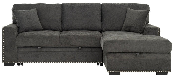 2-Piece Dark Grey Chenille Sectional Sofa – LAF Pop-Up Sleeper, RAF Storage Chaise, Nail Head Trim & Pocket Springs - 8250