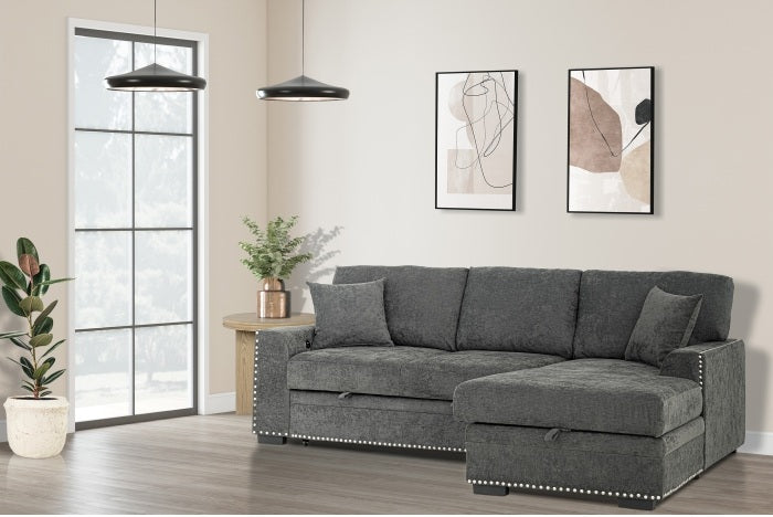2-Piece Dark Grey Chenille Sectional Sofa – LAF Pop-Up Sleeper, RAF Storage Chaise, Nail Head Trim & Pocket Springs - 8250