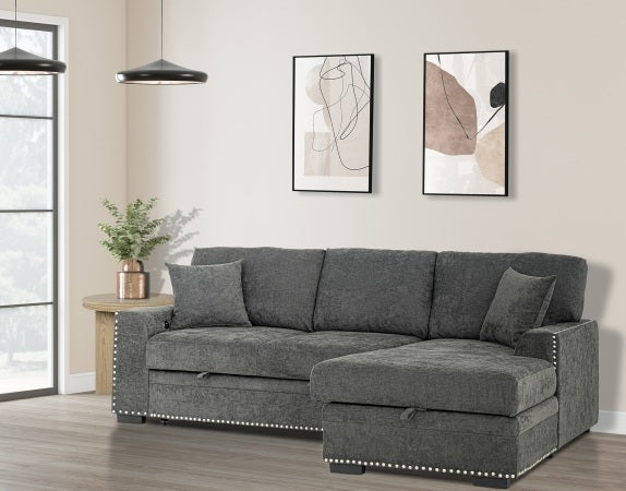2-Piece Dark Grey Chenille Sectional Sofa – LAF Pop-Up Sleeper, RAF Storage Chaise, Nail Head Trim & Pocket Springs - 8250
