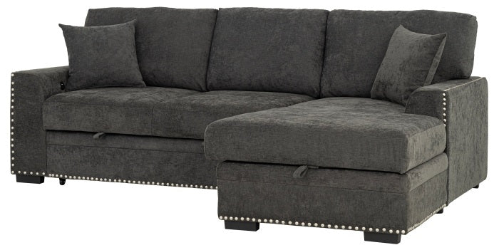 2-Piece Dark Grey Chenille Sectional Sofa – LAF Pop-Up Sleeper, RAF Storage Chaise, Nail Head Trim & Pocket Springs - 8250
