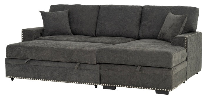 2-Piece Dark Grey Chenille Sectional Sofa – LAF Pop-Up Sleeper, RAF Storage Chaise, Nail Head Trim & Pocket Springs - 8250
