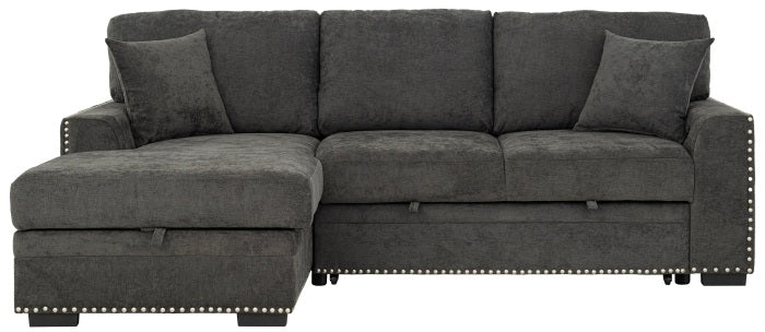 8251 2 pc dark grey chenille fabric sectional sofa with storage chaise and nail head trim accents pop up sleep area