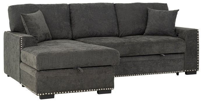 8251 2 pc dark grey chenille fabric sectional sofa with storage chaise and nail head trim accents pop up sleep area