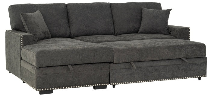 8251 2 pc dark grey chenille fabric sectional sofa with storage chaise and nail head trim accents pop up sleep area