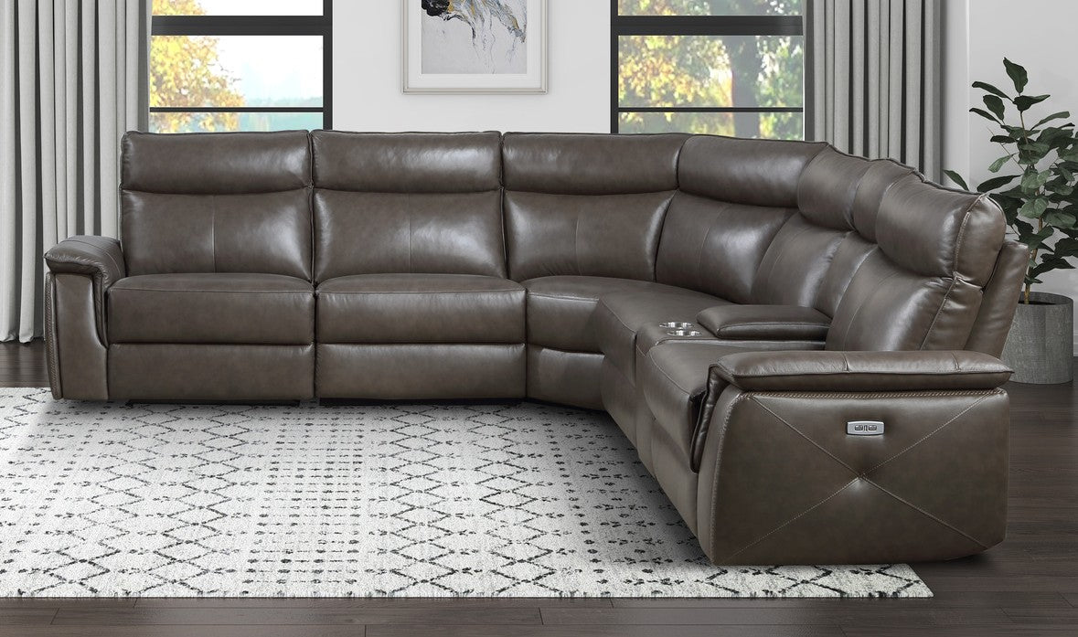 Homelegance 8259RFDB-6SCPWH 6 pc Maroni dark brown top grain leather match sectional sofa power motion recliners and console