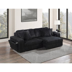 Black Wide Furry Corduroy Double Power Sliding Chaise Loveseat with USB Port & Cup Holder - 8265