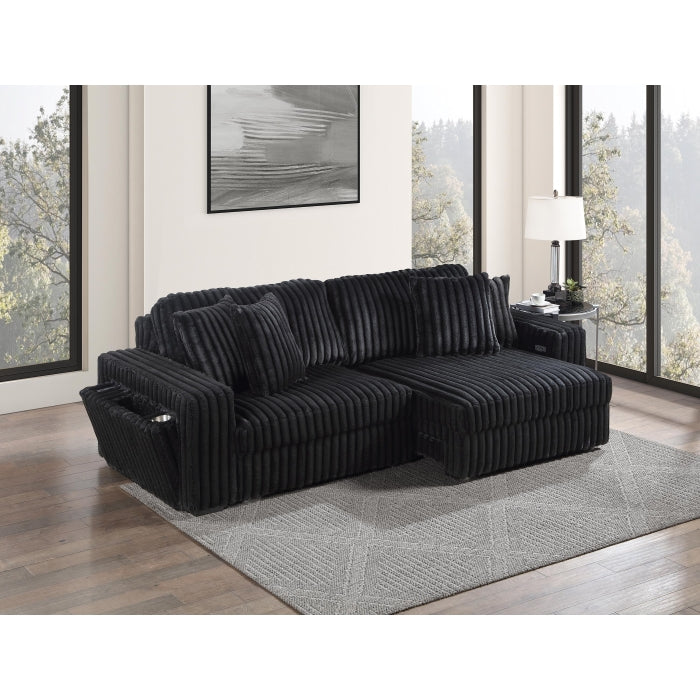 8265 Black wide furry corduroy double power sliding chaise loveseat with USB