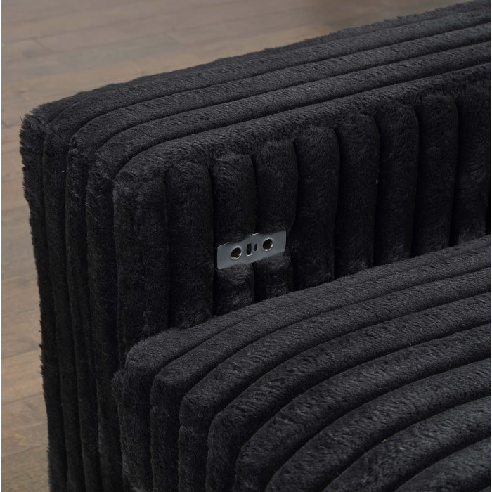 Black Wide Furry Corduroy Double Power Sliding Chaise Loveseat with USB Port & Cup Holder - 8265
