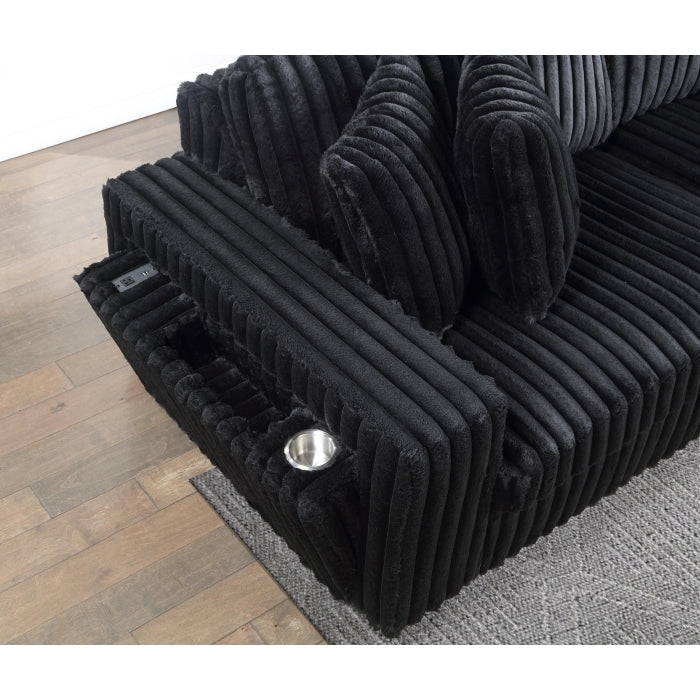 Black Wide Furry Corduroy Double Power Sliding Chaise Loveseat with USB Port & Cup Holder - 8265