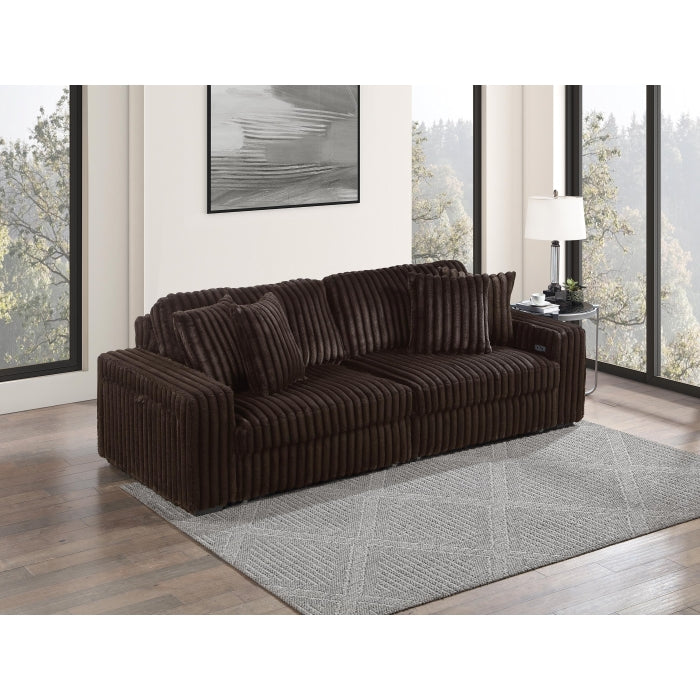 8267 Brown wide furry corduroy double power sliding chaise loveseat with USB