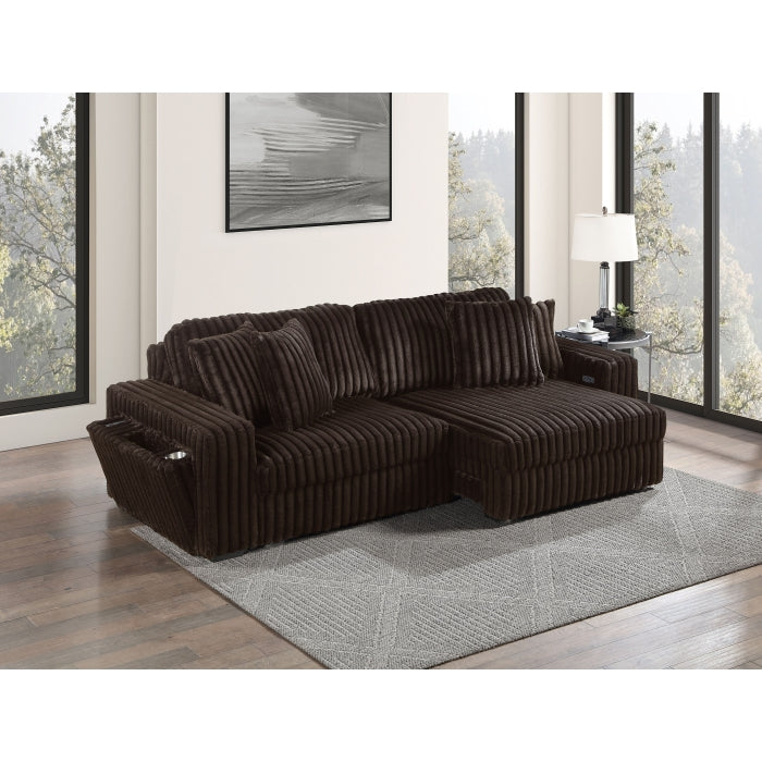 8267 Brown wide furry corduroy double power sliding chaise loveseat with USB