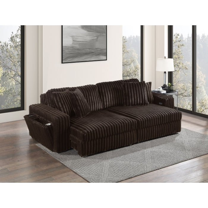 8267 Brown wide furry corduroy double power sliding chaise loveseat with USB